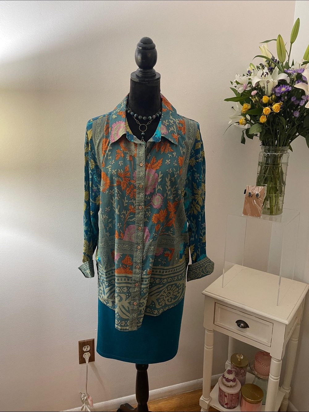 NATURAL LIFE Teal Floral Print Button-Up Top